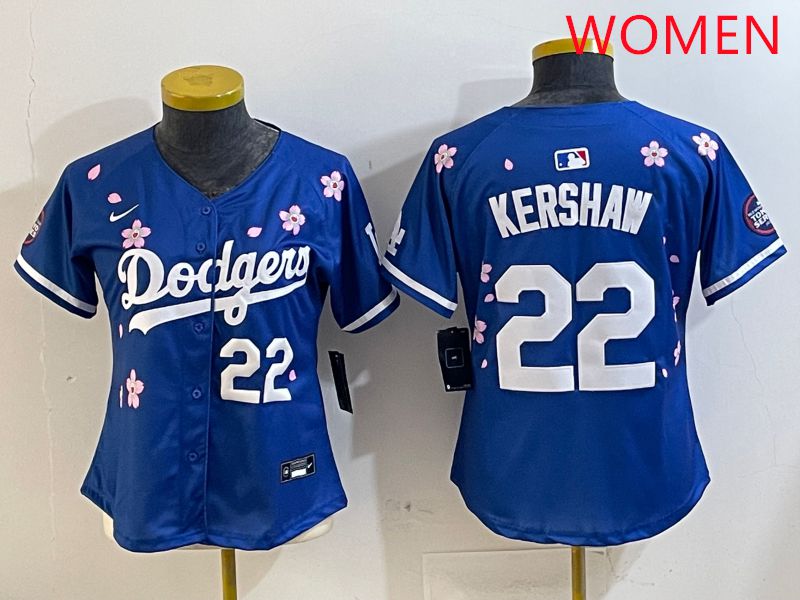 Women Los Angeles Dodgers #22 Kershaw Blue White Blue Sakura Edition 2025 Nike MLB Jersey style 2